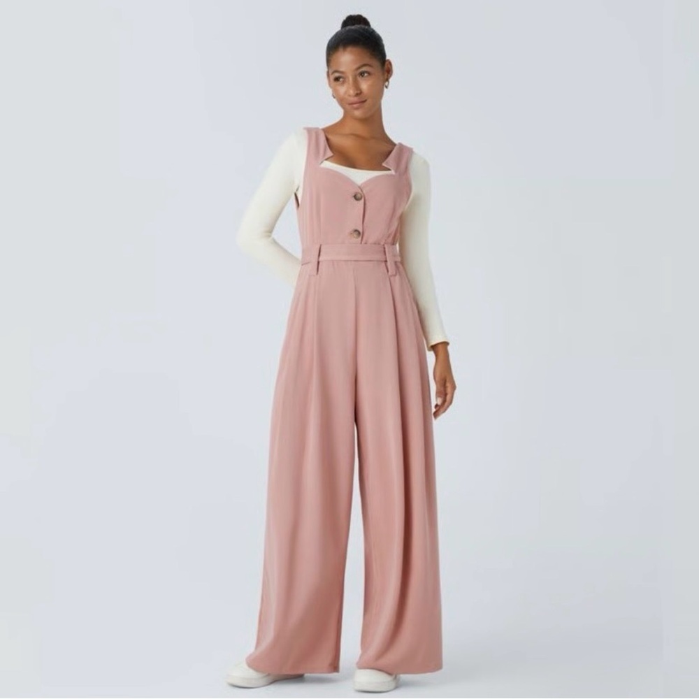 HALARA Ribbed Asymmetric Neck Sleeveless Button Belted Wide Leg Jumpsuit
